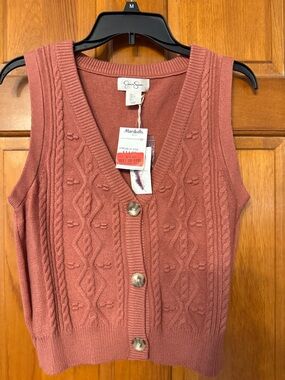 Jessica Simpson Dusty Rose Cable Knit V-Neck Button Front Sweater Vest